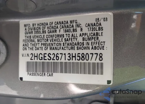 2003 Honda Civic Ex из США, поврежденный, VIN 2HGES26713H580778